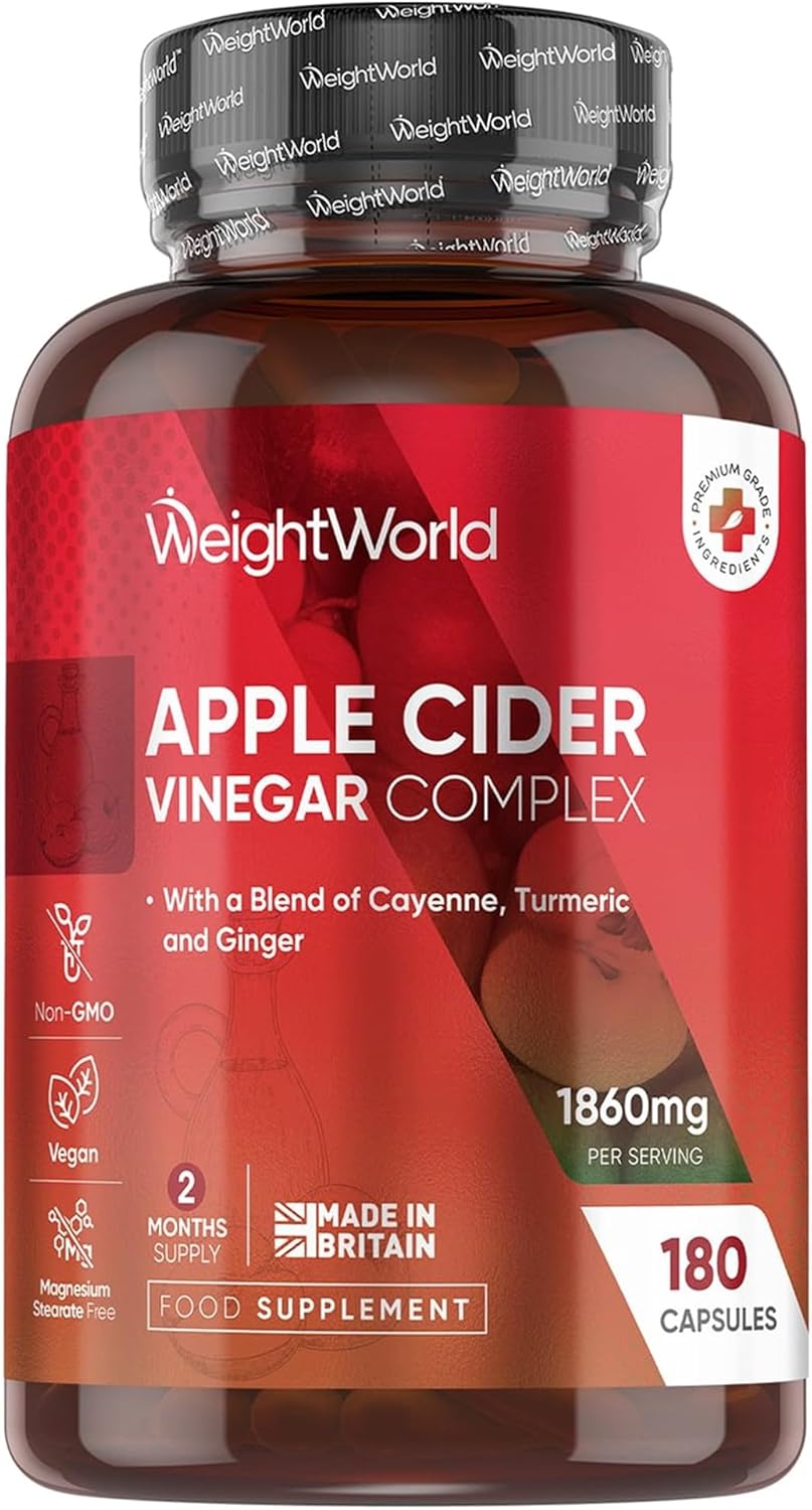 مکمل سرکه سیب WeightWorld Apple Cider Vinegar با سرکه سیب، پروبیوتیک و زردچوبه | طعم سیب، 180 کپسول
