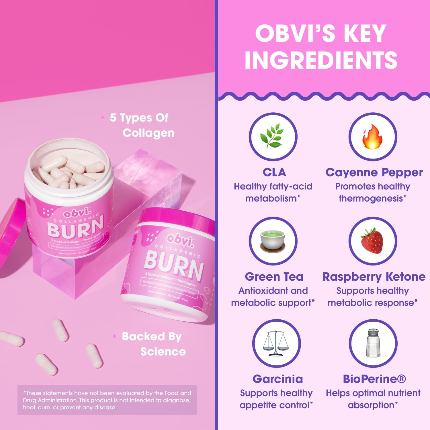 مکمل مدیریت وزن Obvi Collagen Burn با کلاژن | 30 سروینگ، 120 کپسول