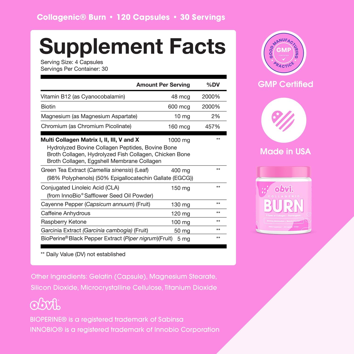 مکمل مدیریت وزن Obvi Collagen Burn با کلاژن | 30 سروینگ، 120 کپسول