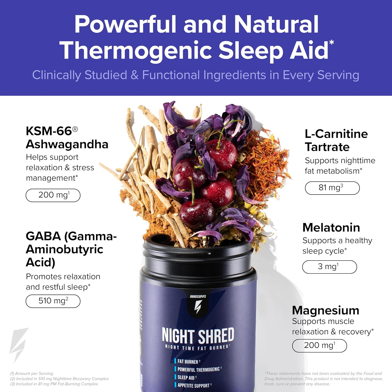 مکمل مدیریت وزن InnoSupps Night Shred با آشواگاندا، ملاتونین و 5-HTP