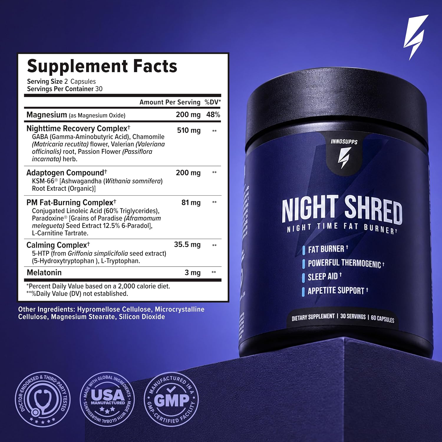 مکمل مدیریت وزن InnoSupps Night Shred با آشواگاندا، ملاتونین و 5-HTP