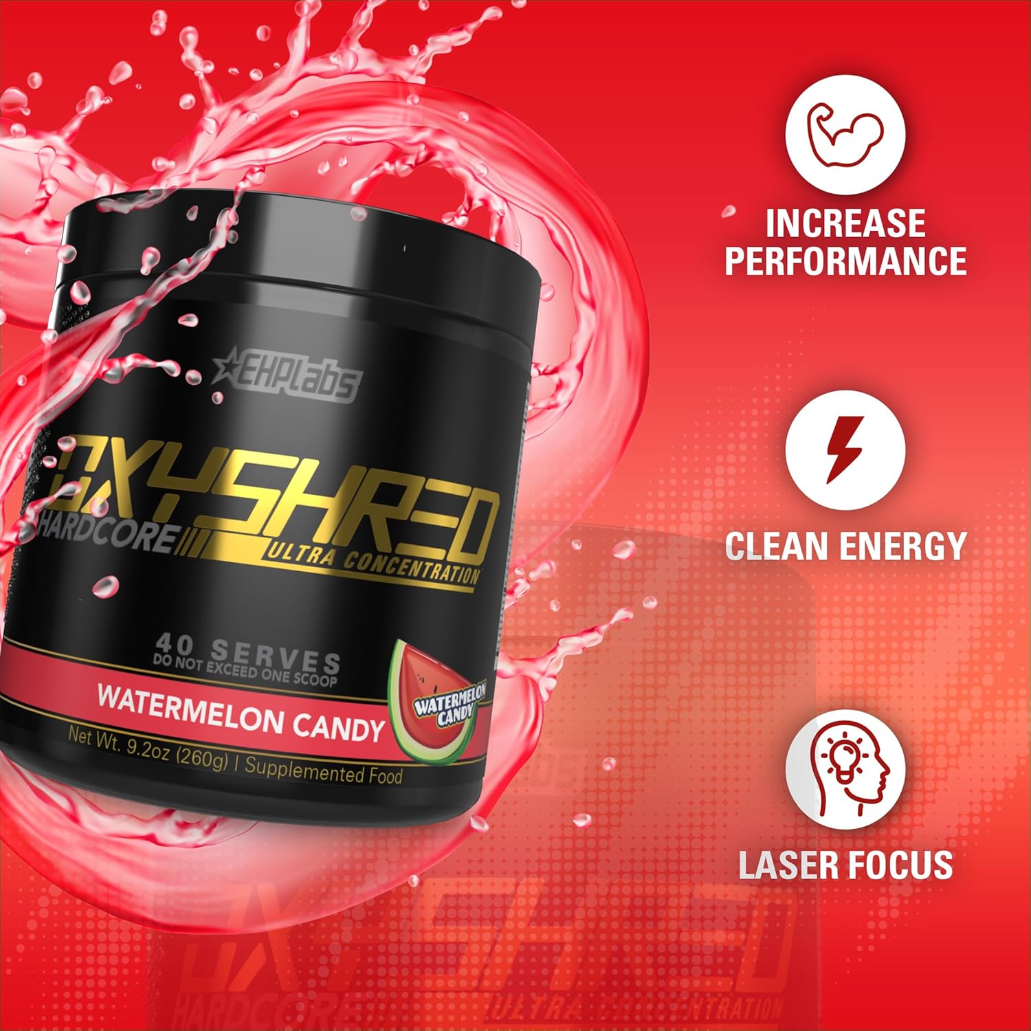 پودر پری‌ورک‌اوت ترموژنیک EHP LABS OxyShred HARDCORE با ال-کارنیتین و CLA | طعم آبنبات هندوانه، 40 سروینگ