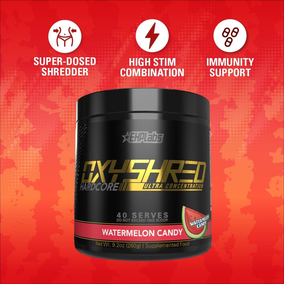 پودر پری‌ورک‌اوت ترموژنیک EHP LABS OxyShred HARDCORE با ال-کارنیتین و CLA | طعم آبنبات هندوانه، 40 سروینگ