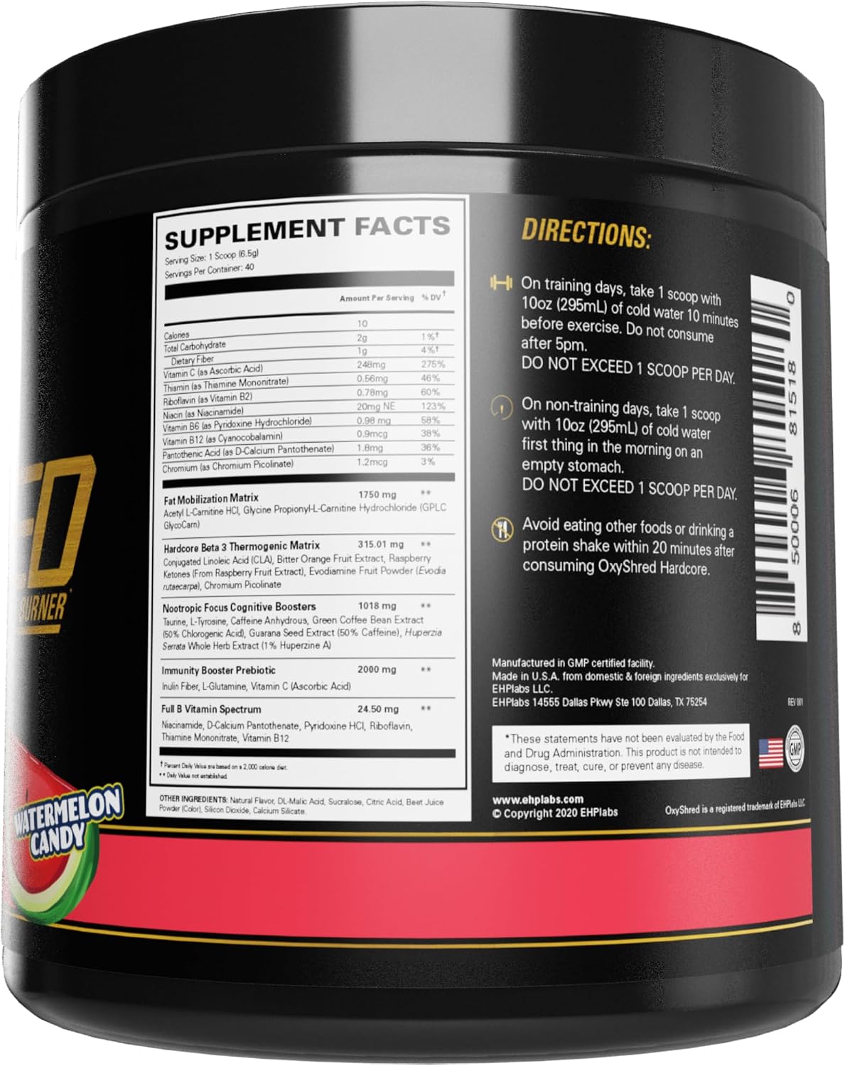 پودر پری‌ورک‌اوت ترموژنیک EHP LABS OxyShred HARDCORE با ال-کارنیتین و CLA | طعم آبنبات هندوانه، 40 سروینگ