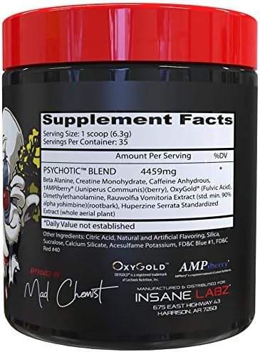 مکمل پری‌ورک‌اوت Insane Labz Psychotic با کراتین مونوهیدرات، بتا آلانین و DMAE | طعم انگور، 35 سروینگ