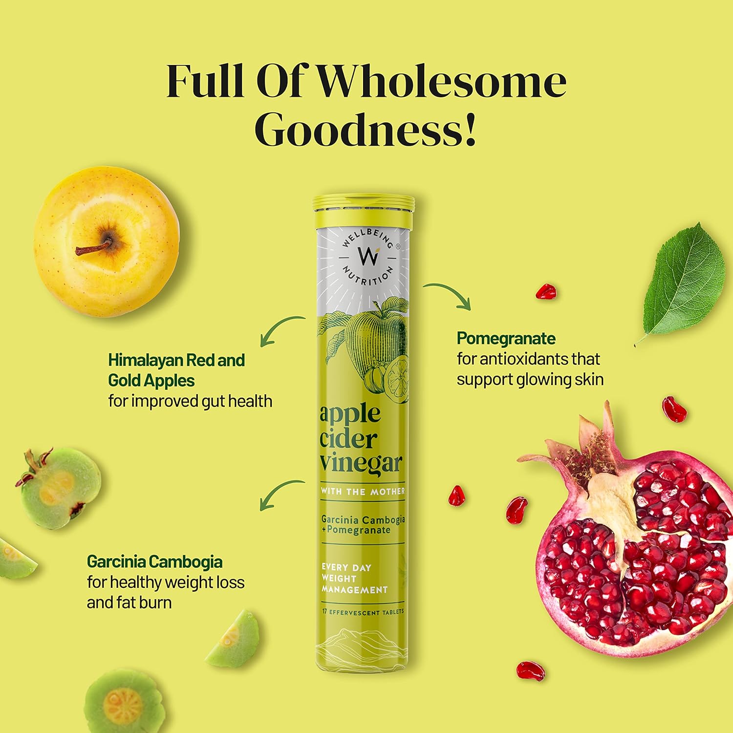 مکمل فیبر و سلامت گوارش Wellbeing Nutrition Apple Cider Vinegar ACV با سرکه سیب و گارسینیا کامبوجیا | طعم سیب