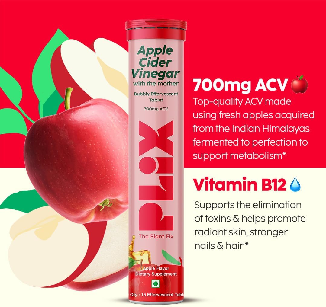 مکمل سرکه سیب PLIX - THE PLANT FIX Apple Cider Vinegar 15 Effervescent با سرکه سیب و ویتامین B6 | طعم سیب