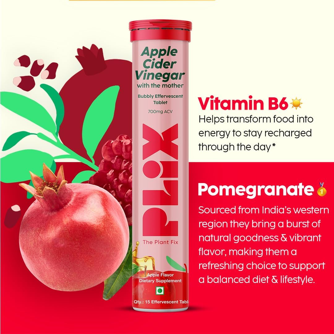 مکمل سرکه سیب PLIX - THE PLANT FIX Apple Cider Vinegar 15 Effervescent با سرکه سیب و ویتامین B6 | طعم سیب