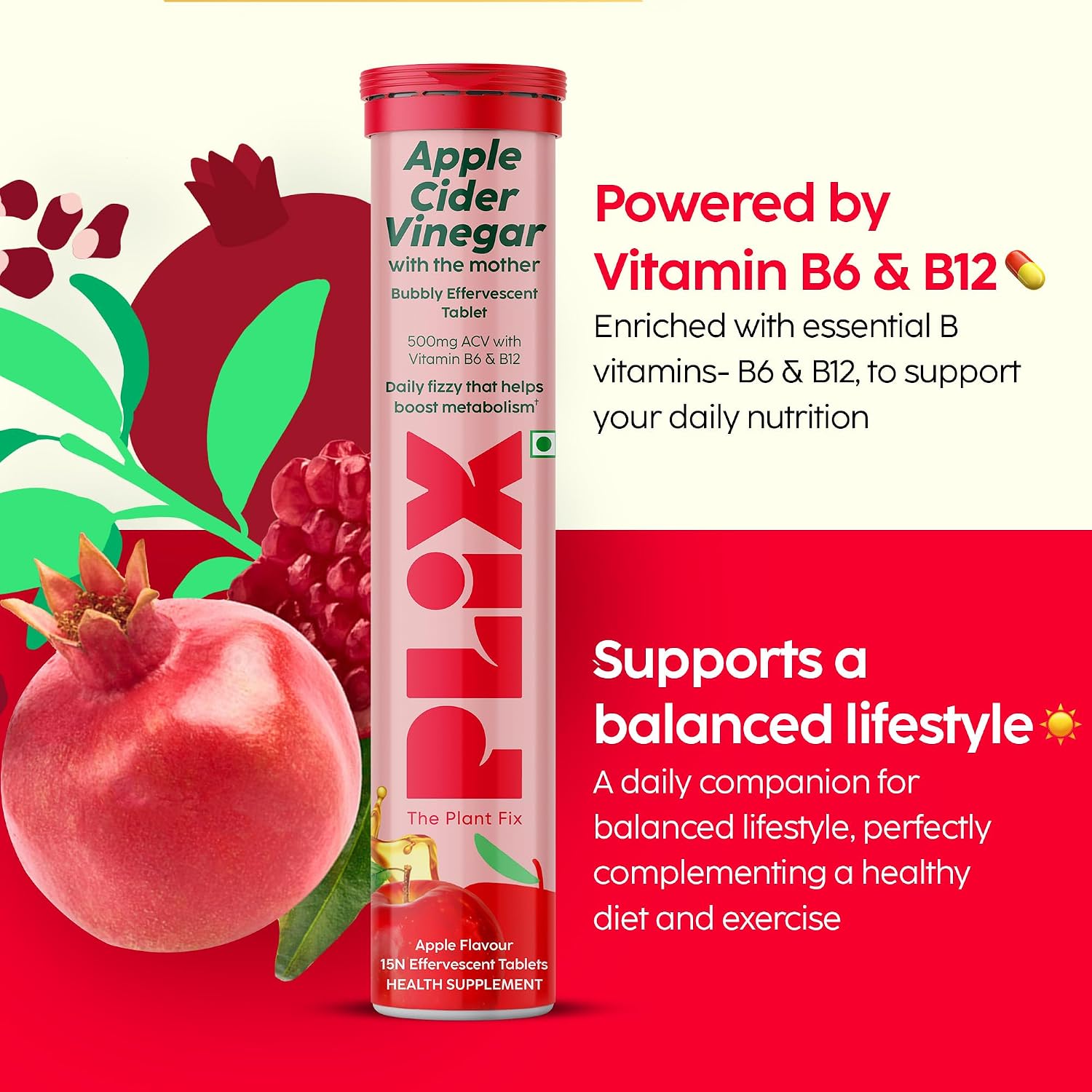 مکمل سرکه سیب PLIX - THE PLANT FIX Apple Cider Vinegar Effervescent با سرکه سیب و ویتامین B6 | طعم سیب، 15 قرص
