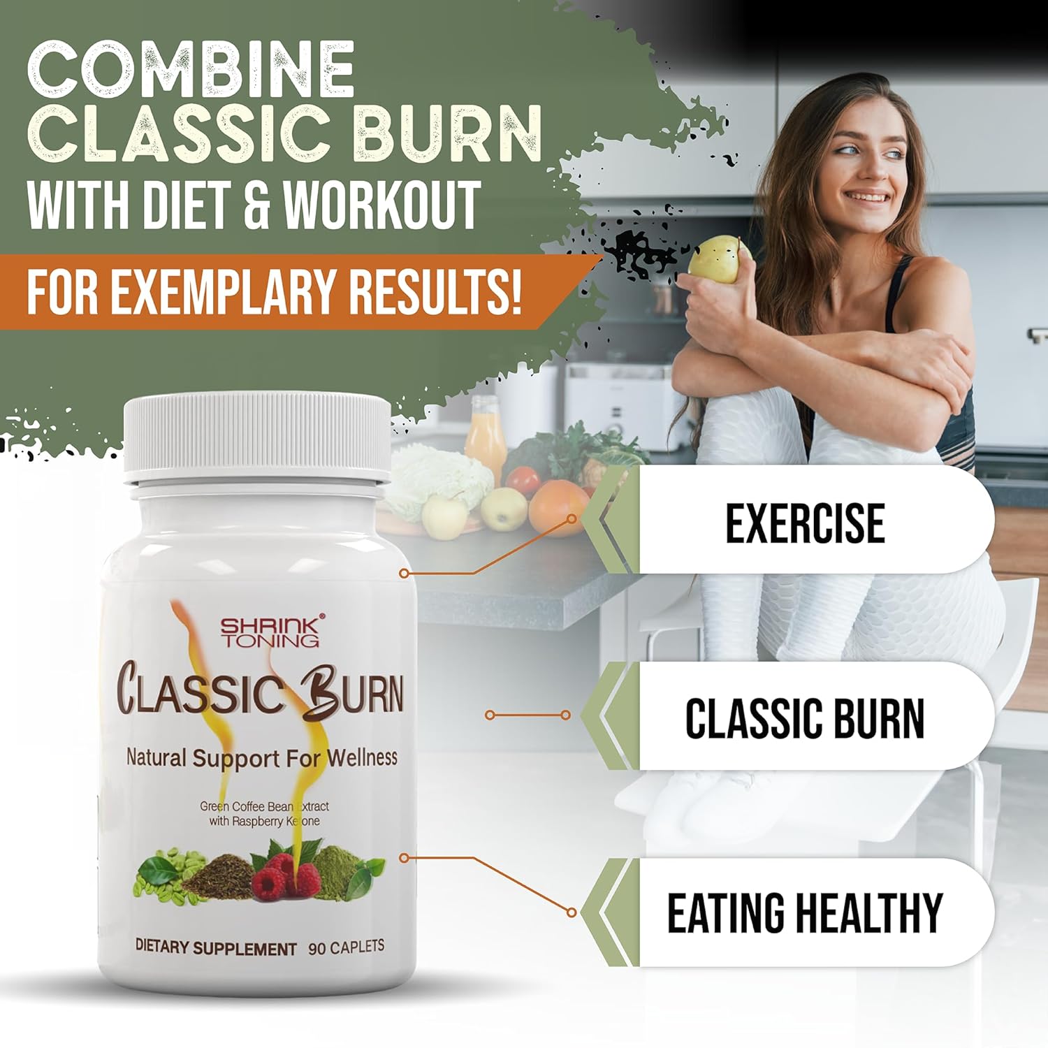 مکمل مدیریت وزن shrink Classic Burn با کتون تمشک، قهوه سبز و عصاره چای سبز | طعم بری، 90 کپسول