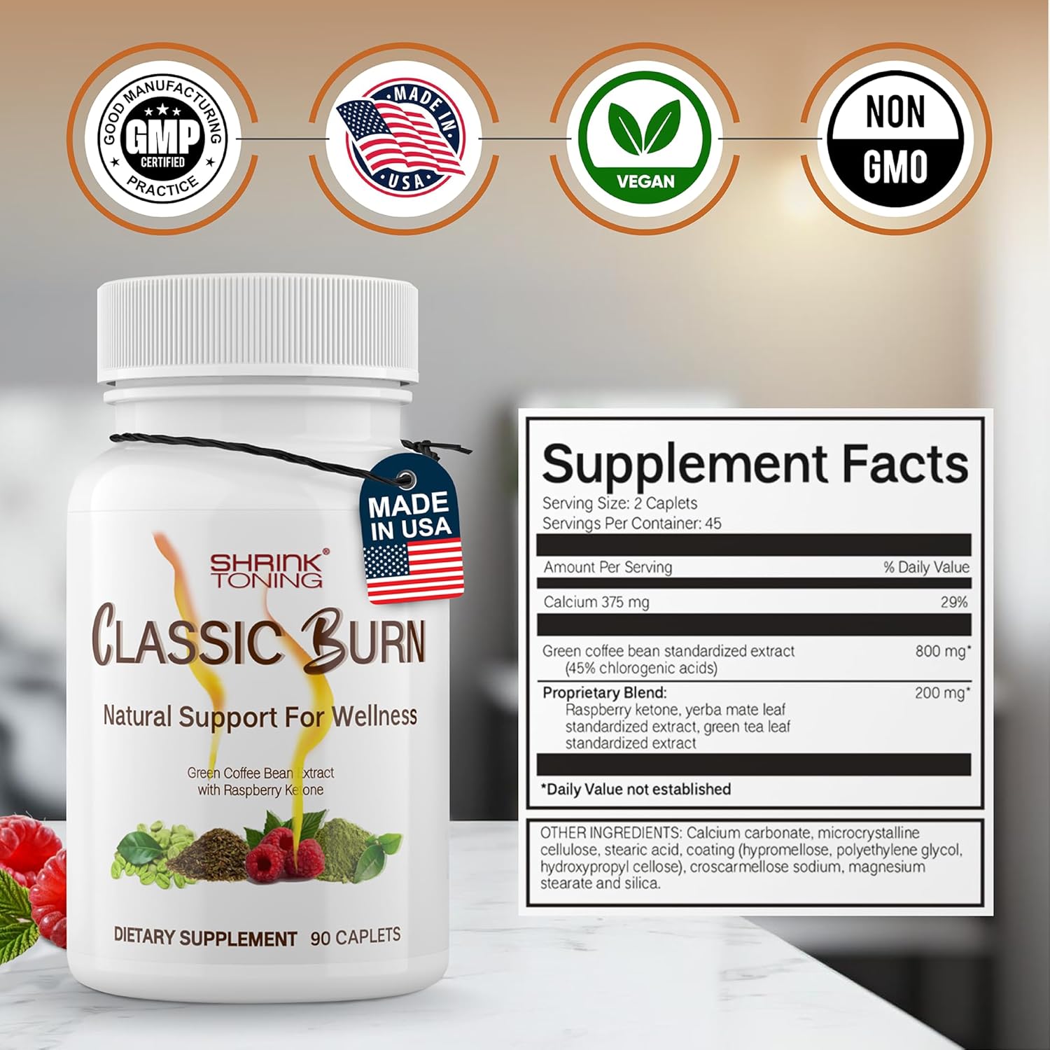 مکمل مدیریت وزن shrink Classic Burn با کتون تمشک، قهوه سبز و عصاره چای سبز | طعم بری، 90 کپسول