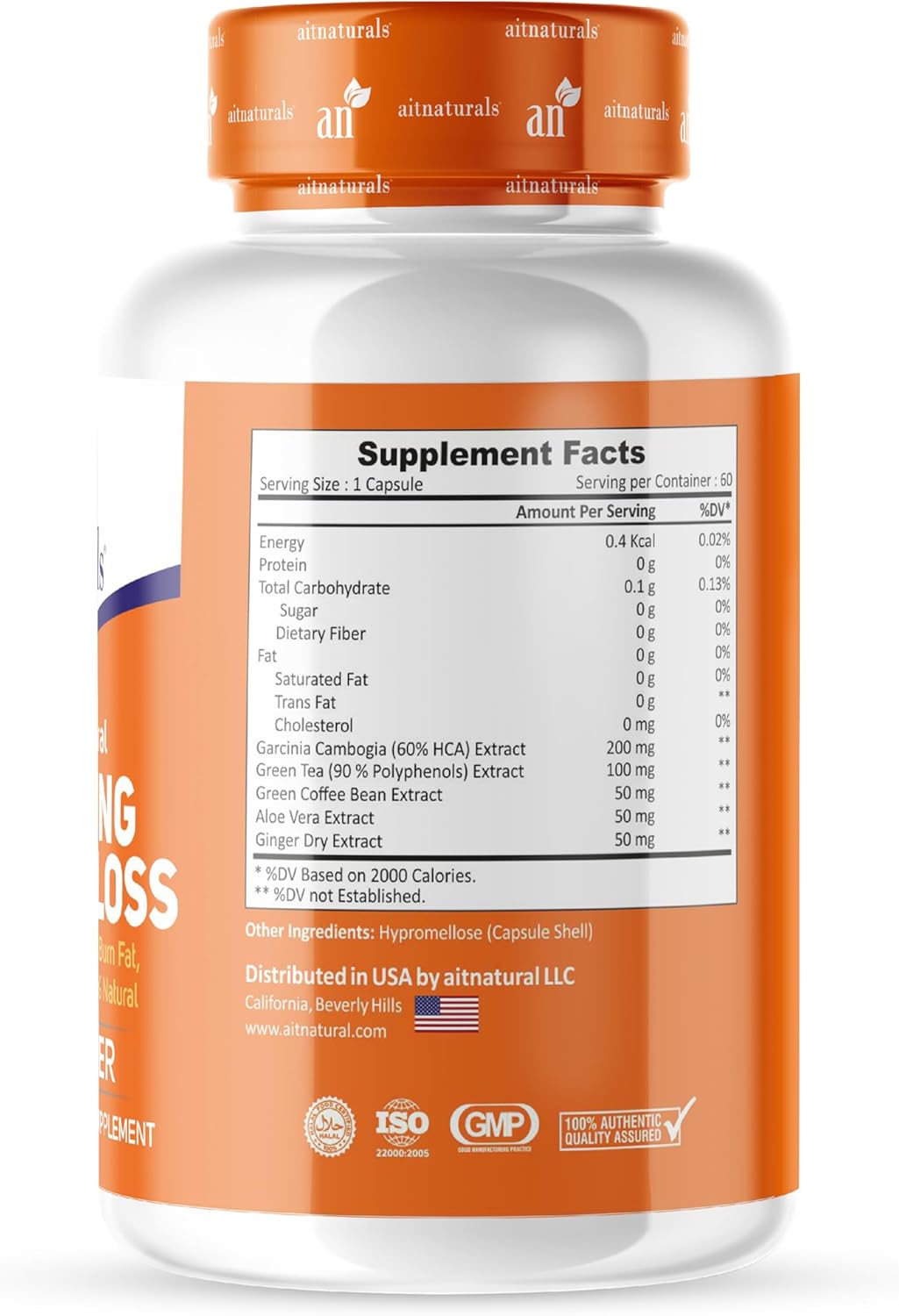 مکمل مدیریت وزن aitnaturals 60 Count با گارسینیا کامبوجیا، عصاره چای سبز و زنجبیل | 60 عدد