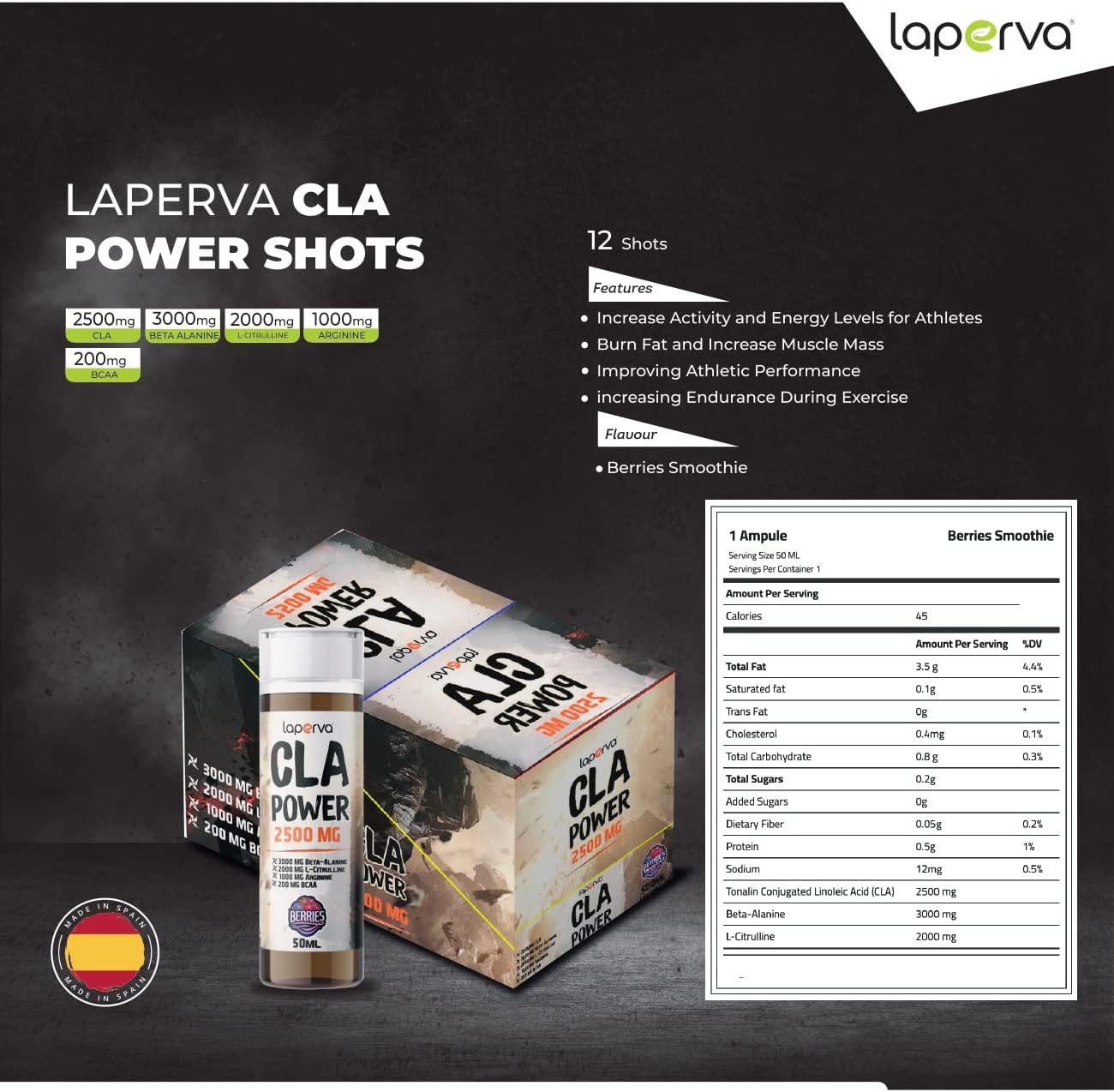 مکمل CLA laperva CLA POWER 2500MG 50ML box با CLA | 2500 میلی‌گرم، 50 میلی‌لیتر، 12 عدد