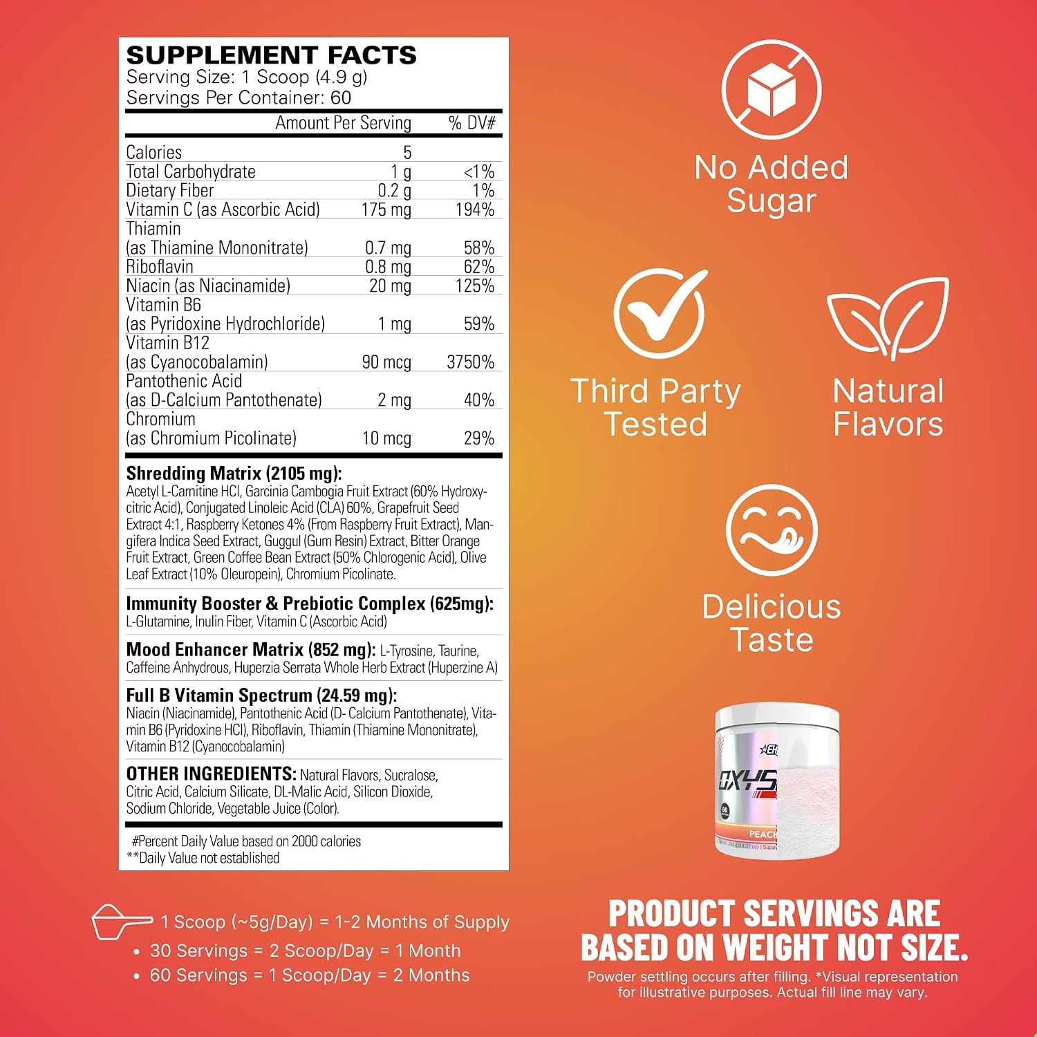 پودر پری‌ورک‌اوت ترموژنیک EHP LABS Oxyshred با استیل ال-کارنیتین | طعم آبنبات هلو، 60 سروینگ