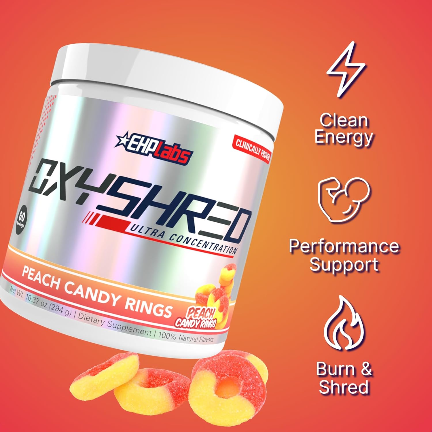 پودر پری‌ورک‌اوت ترموژنیک EHP LABS Oxyshred با استیل ال-کارنیتین | طعم آبنبات هلو، 60 سروینگ