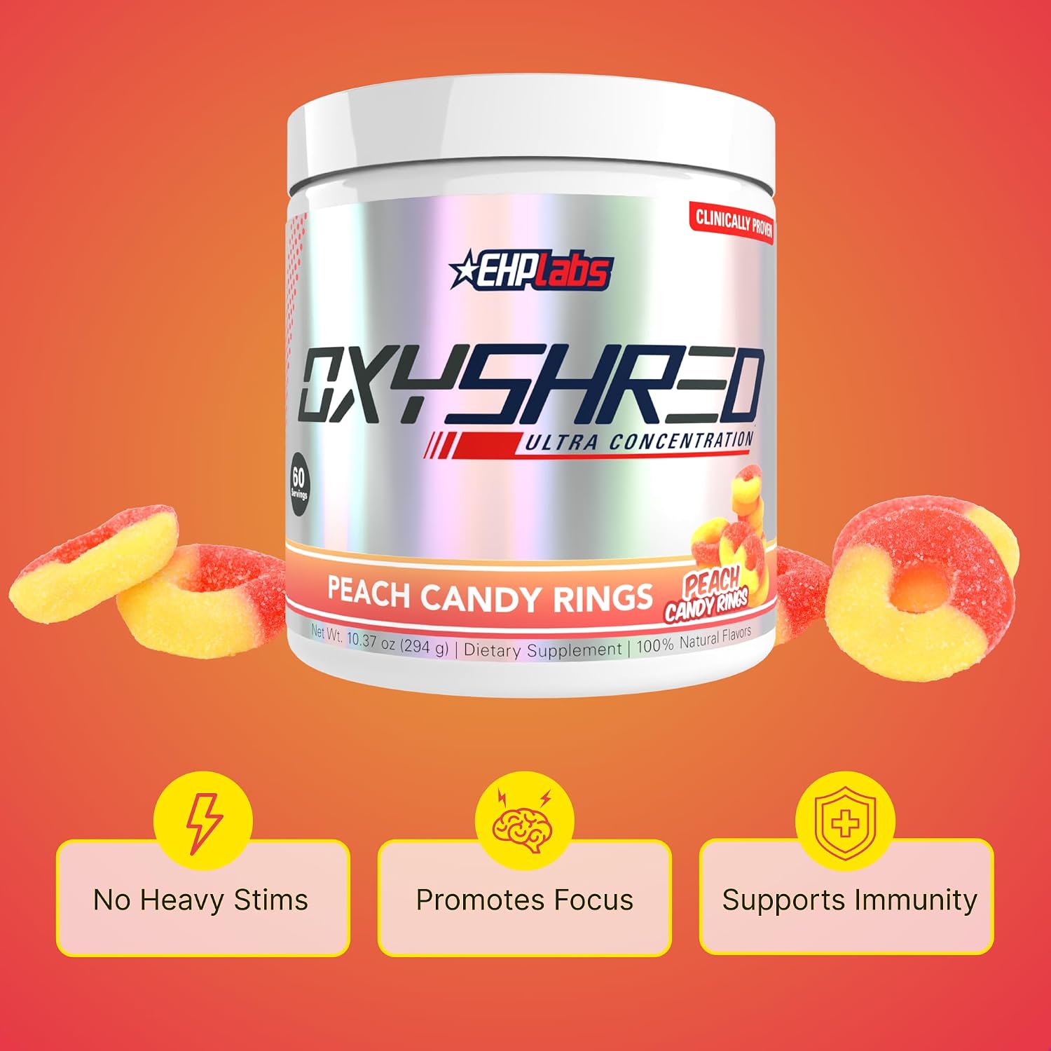پودر پری‌ورک‌اوت ترموژنیک EHP LABS Oxyshred با استیل ال-کارنیتین | طعم آبنبات هلو، 60 سروینگ