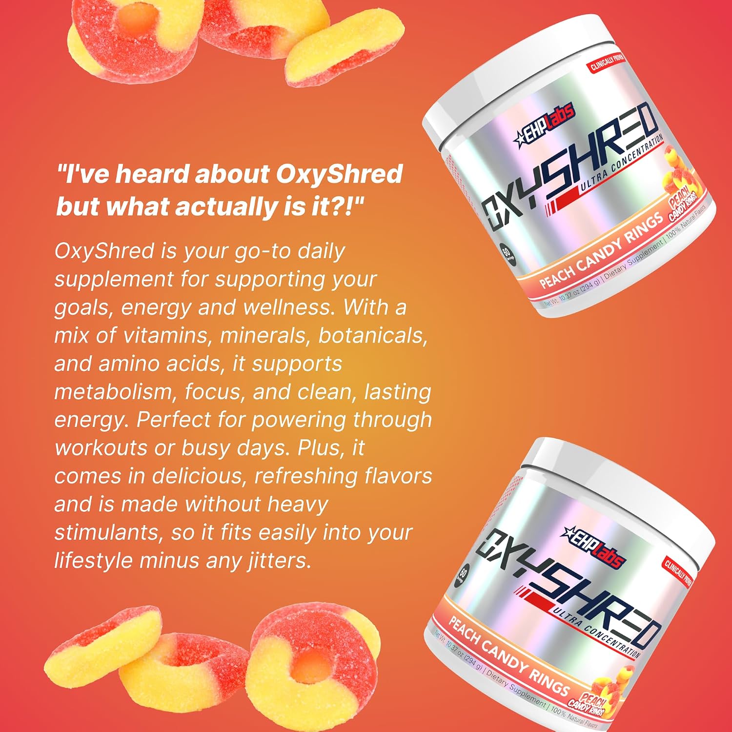 پودر پری‌ورک‌اوت ترموژنیک EHP LABS Oxyshred با استیل ال-کارنیتین | طعم آبنبات هلو، 60 سروینگ