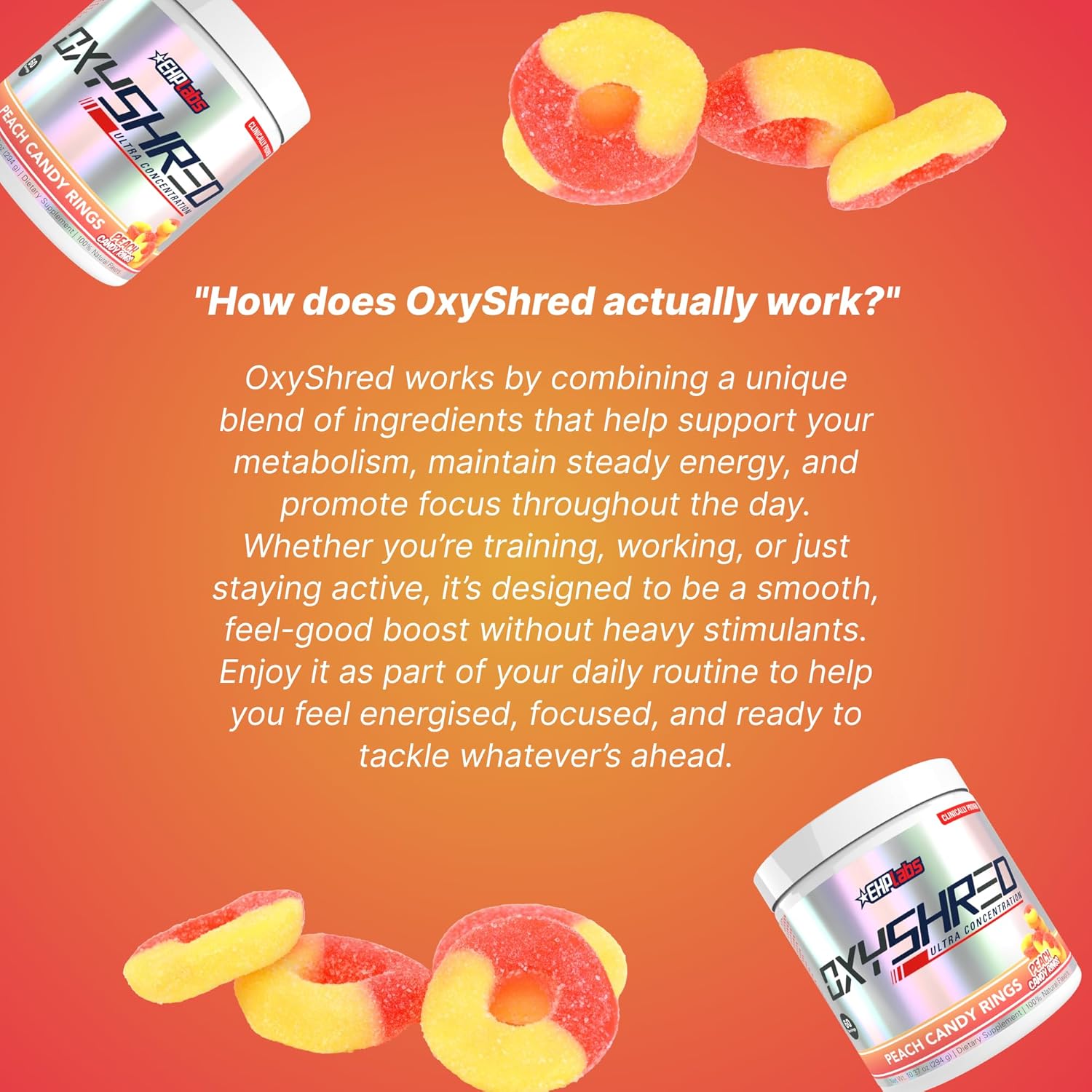 پودر پری‌ورک‌اوت ترموژنیک EHP LABS Oxyshred با استیل ال-کارنیتین | طعم آبنبات هلو، 60 سروینگ