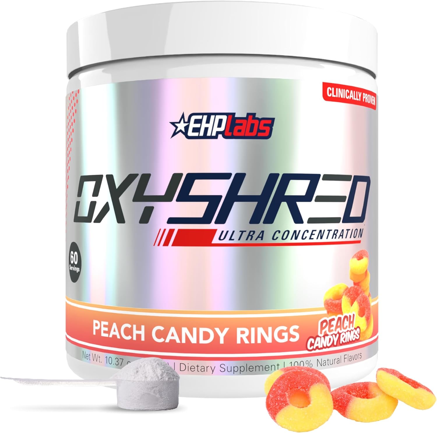 پودر پری‌ورک‌اوت ترموژنیک EHP LABS Oxyshred با استیل ال-کارنیتین | طعم آبنبات هلو، 60 سروینگ
