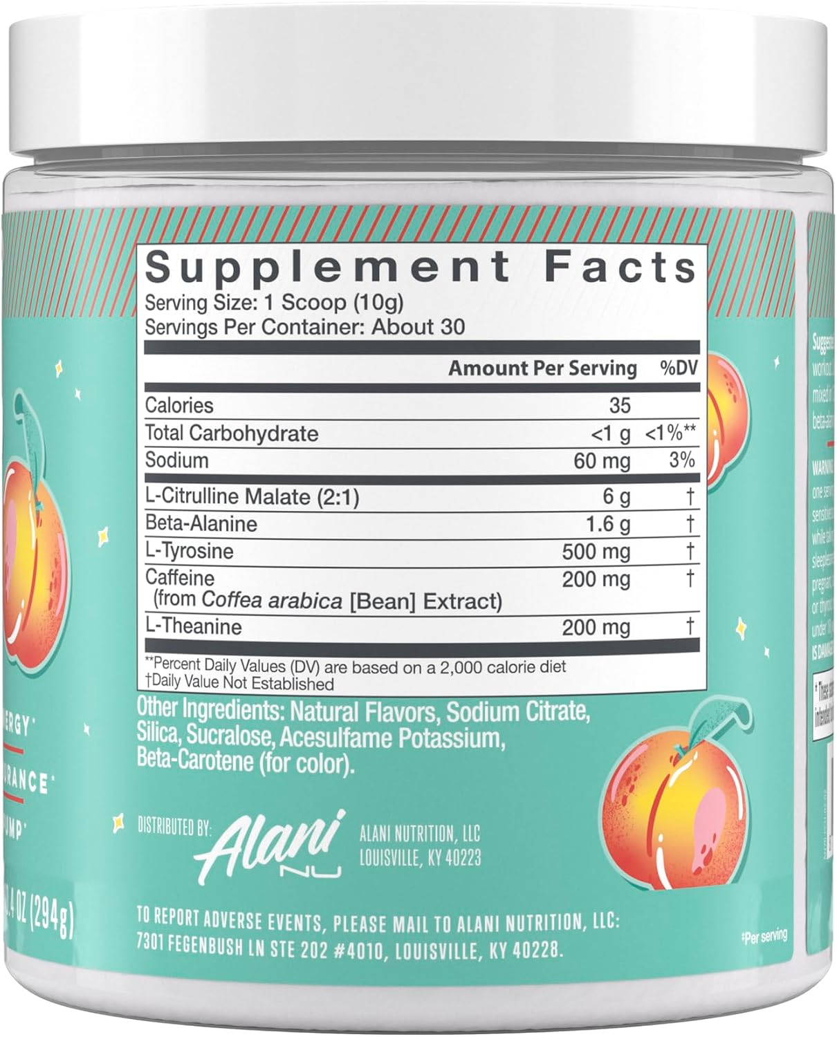 مکمل پری‌ورک‌اوت Alani Nu Juicy Peach با ال-تیانین، سیترولین و کافئین | طعم هلو، 200 میلی‌گرم، 30 سروینگ