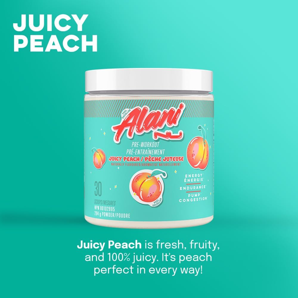 مکمل پری‌ورک‌اوت Alani Nu Juicy Peach با ال-تیانین، سیترولین و کافئین | طعم هلو، 200 میلی‌گرم، 30 سروینگ