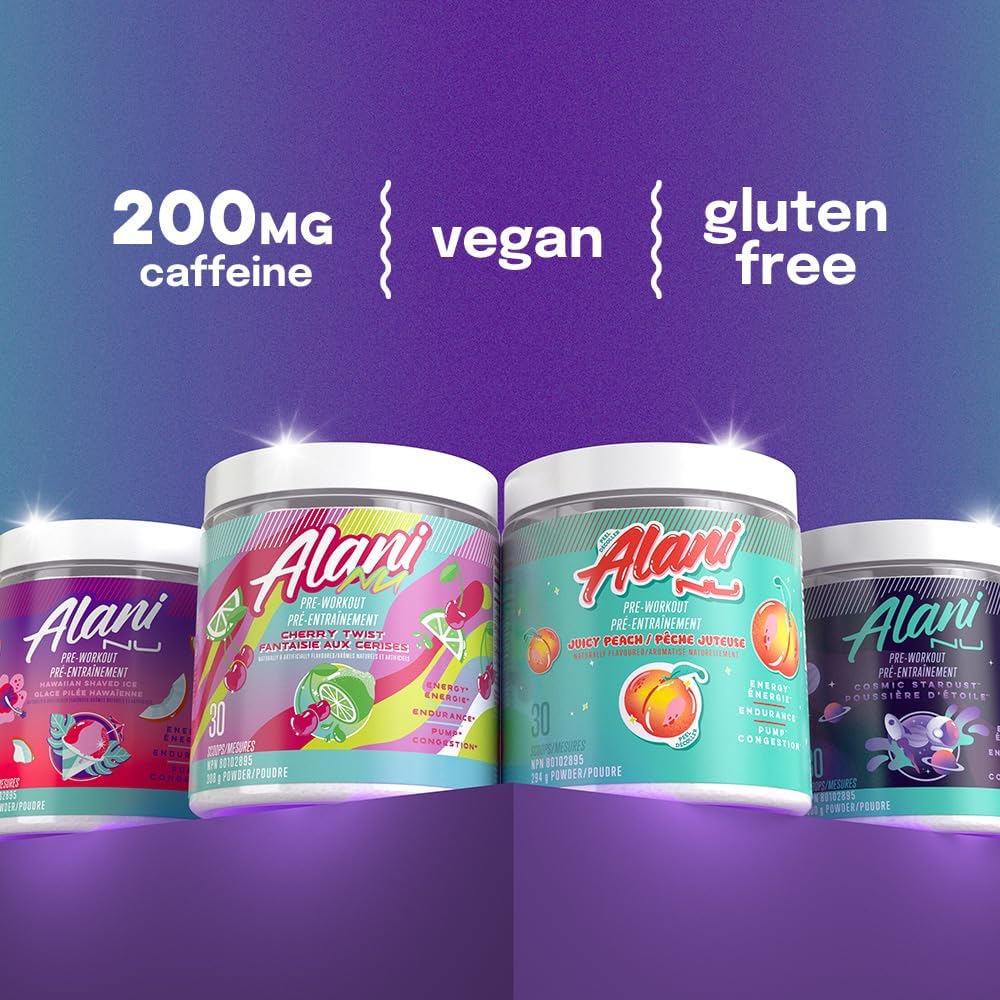 مکمل پری‌ورک‌اوت Alani Nu Juicy Peach با ال-تیانین، سیترولین و کافئین | طعم هلو، 200 میلی‌گرم، 30 سروینگ