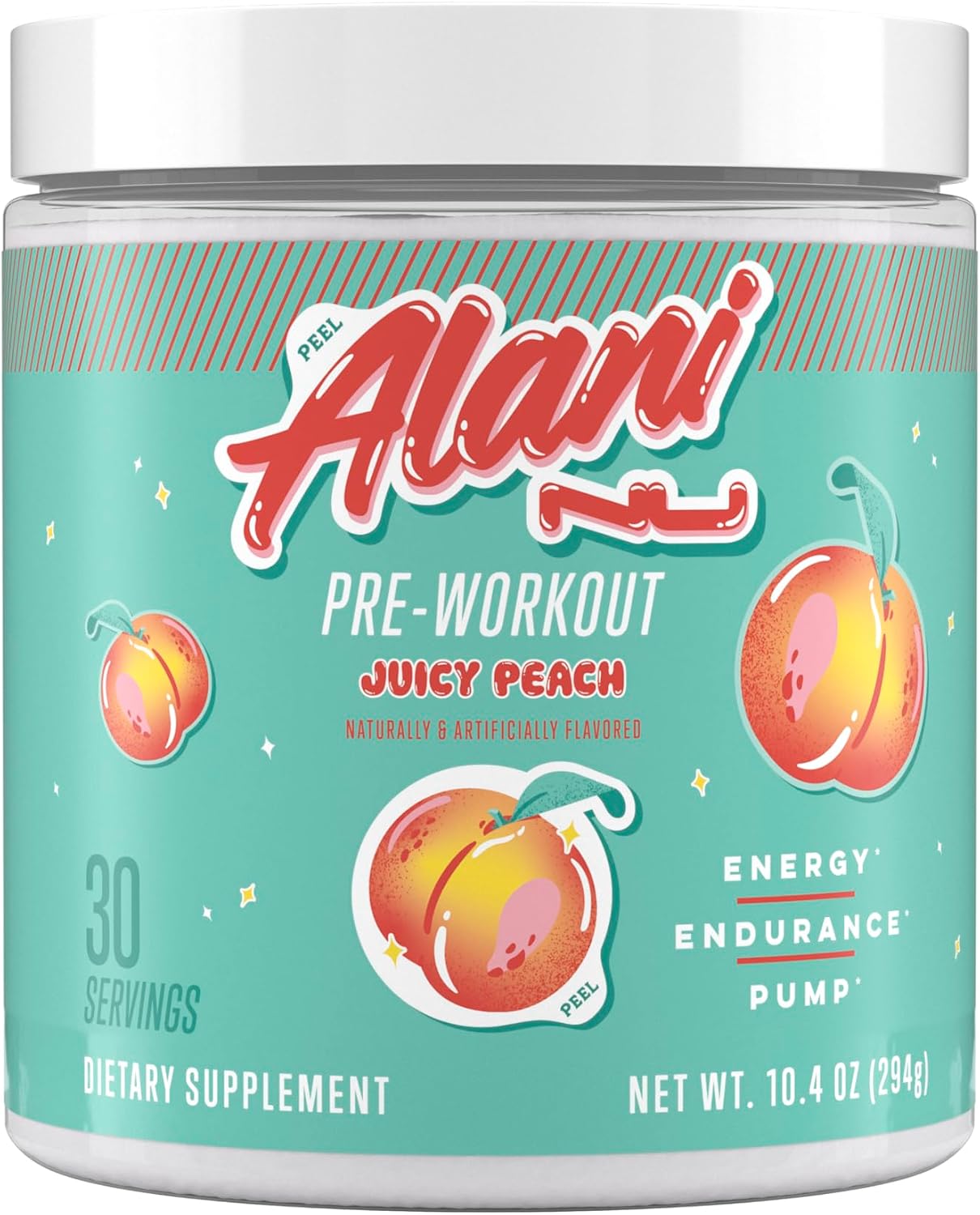 مکمل پری‌ورک‌اوت Alani Nu Juicy Peach با ال-تیانین، سیترولین و کافئین | طعم هلو، 200 میلی‌گرم، 30 سروینگ