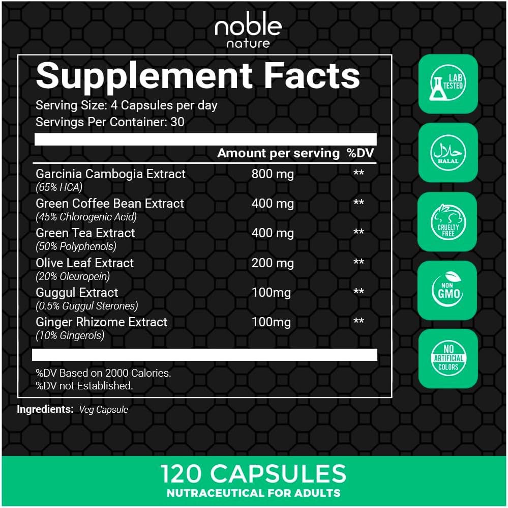 مکمل مدیریت وزن Noble Nature Keto با گارسینیا کامبوجیا، قهوه سبز و عصاره چای سبز | 120 کپسول