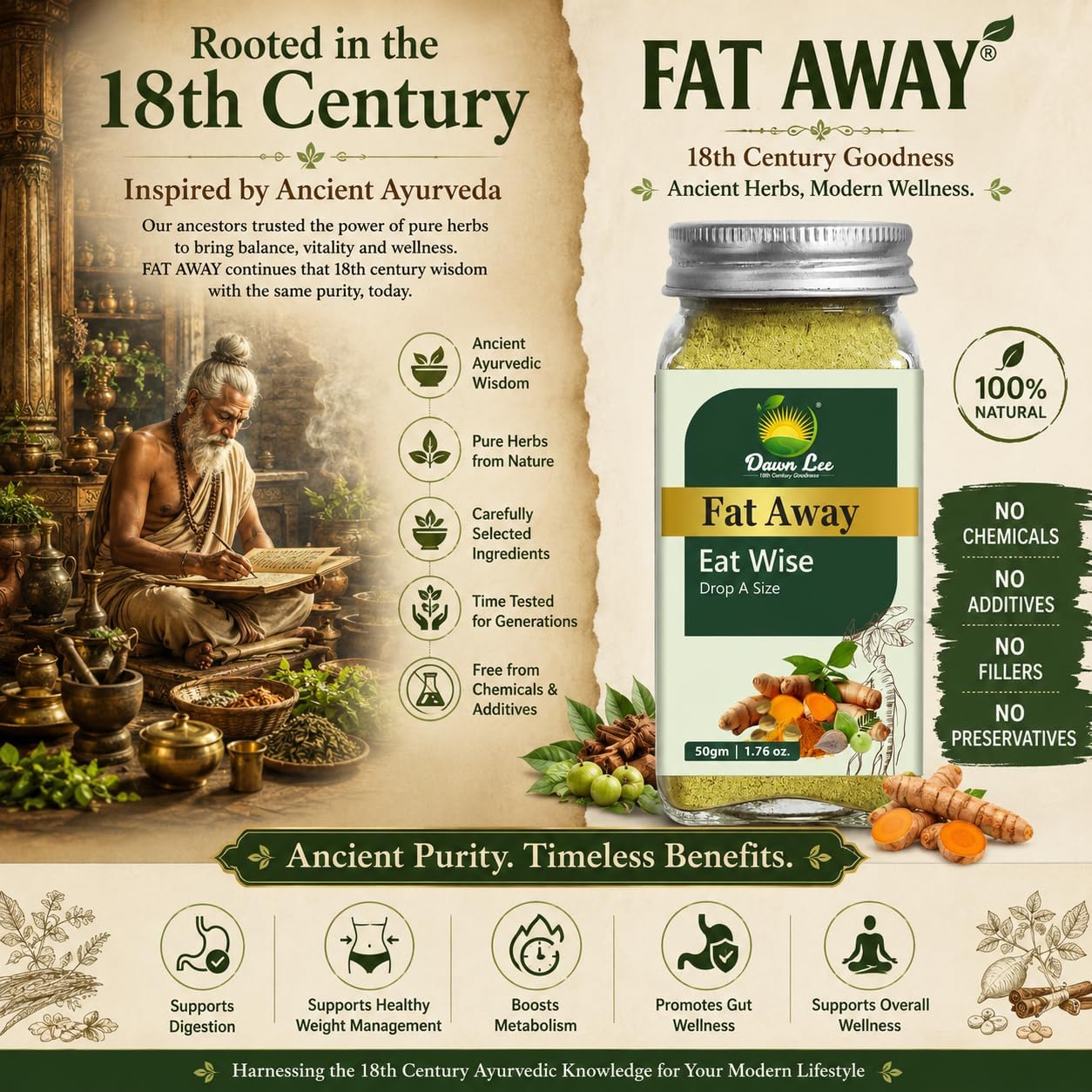 مکمل مدیریت وزن Dawn Lee ( 18th Century Goodness ) Fat Away با گارسینیا کامبوجیا، شنبلیله و دارچین