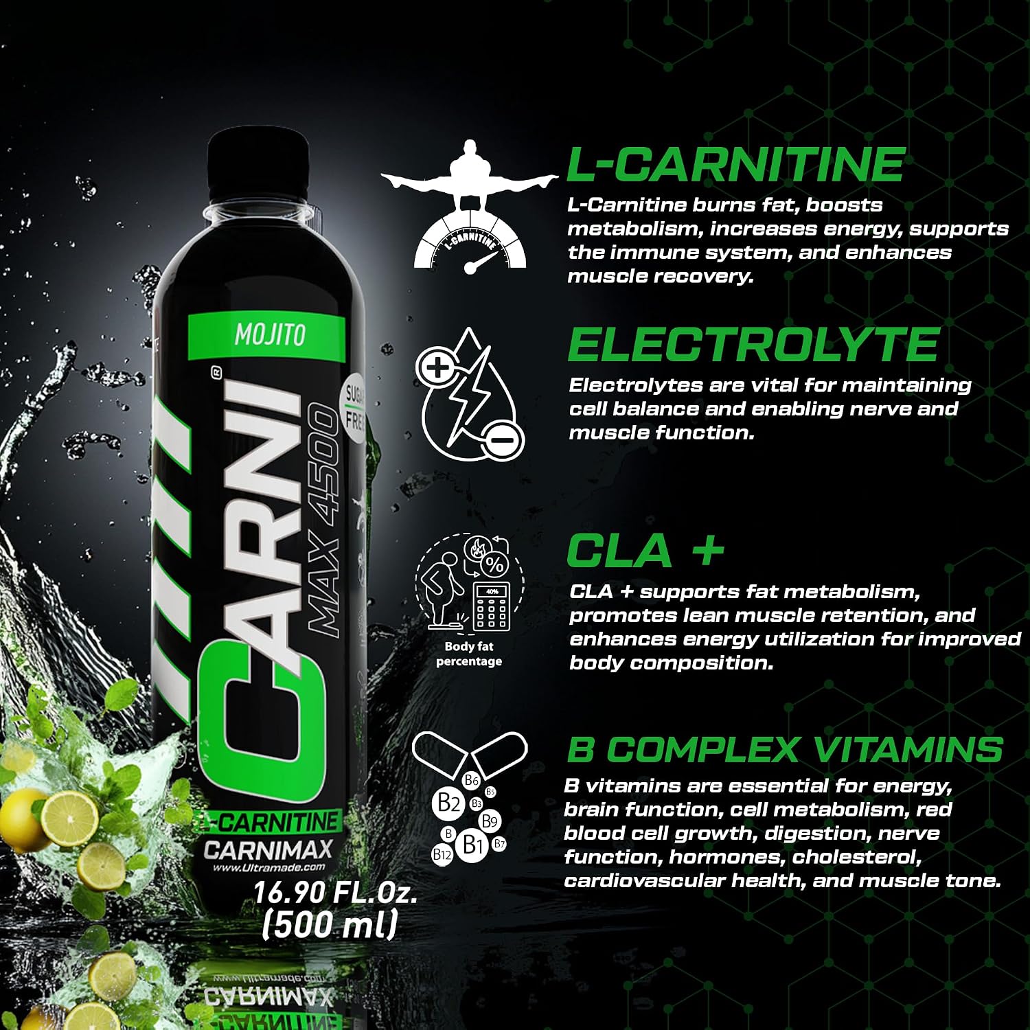 پودر پری‌ورک‌اوت ترموژنیک C5 CARNIMAX با الکترولیت‌ها، ال-کارنیتین و کروم | طعم موهیتو، 4500 میلی‌گرم، 500 میلی‌لیتر