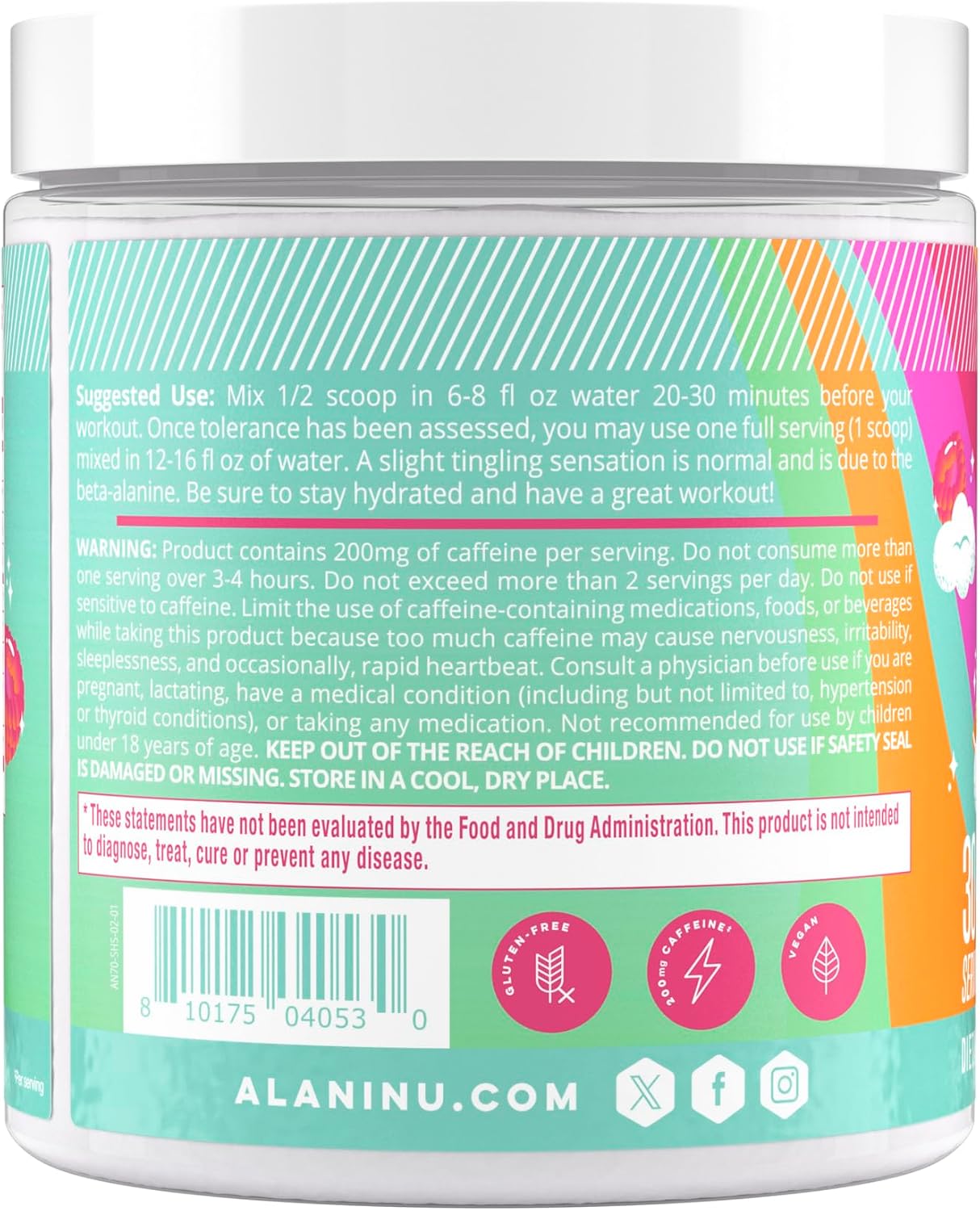 مکمل پری‌ورک‌اوت Alani Nu Sherbet Swirl با ال-سیترولین، ال-تیانین و کافئین | طعم شربت میوه‌ای، 200 میلی‌گرم، 30 سروینگ