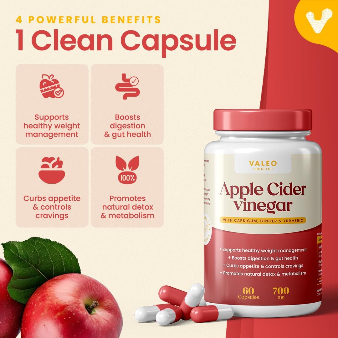 مکمل سرکه سیب Valeo APPLE CIDER VINEGER 60 | طعم سیب، 60 کپسول