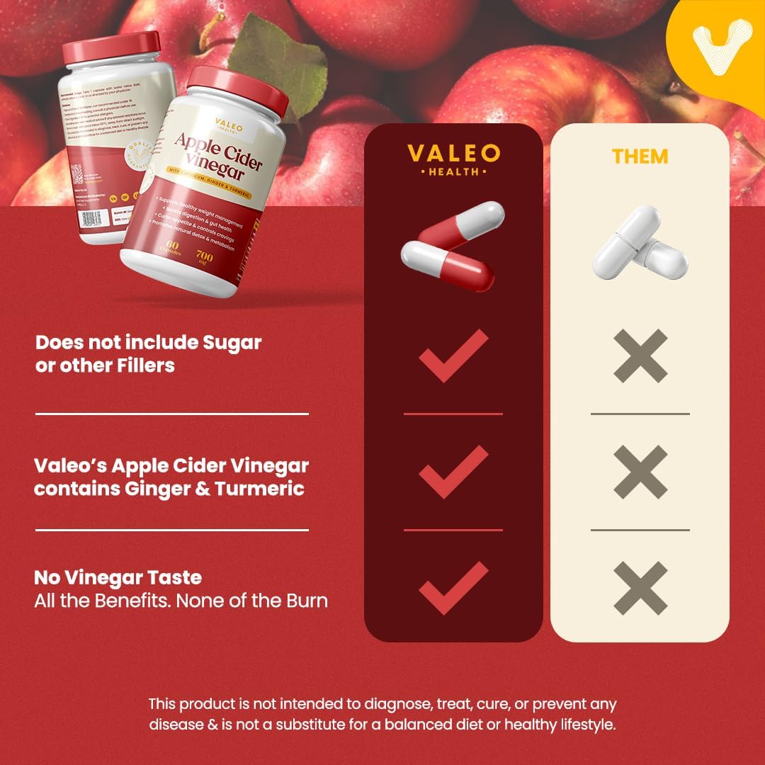 مکمل سرکه سیب Valeo APPLE CIDER VINEGER 60 | طعم سیب، 60 کپسول