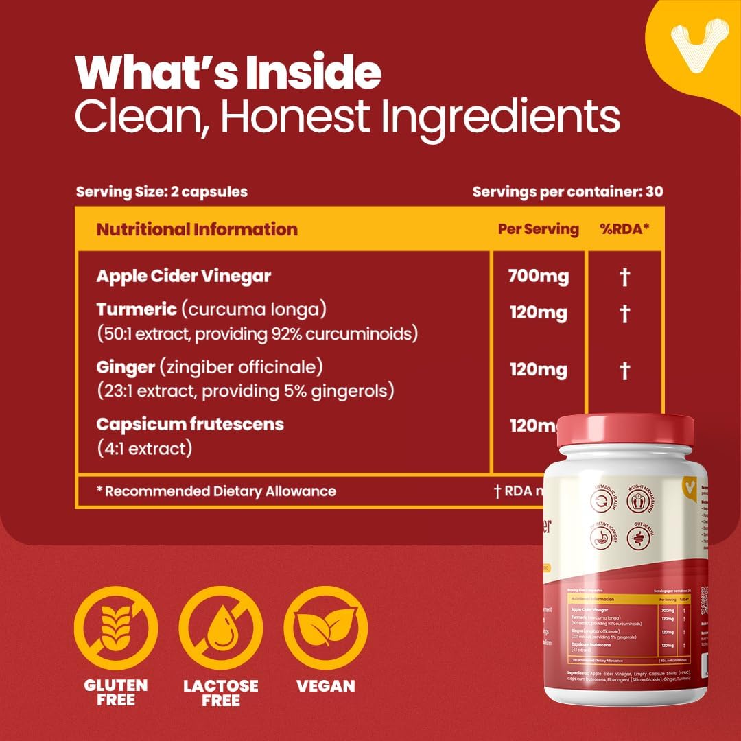 مکمل سرکه سیب Valeo APPLE CIDER VINEGER 60 | طعم سیب، 60 کپسول