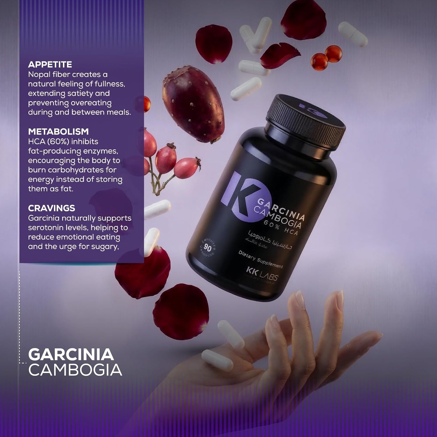 مکمل مدیریت وزن KK LABS Garcinia Cambogia 60 HCA با گارسینیا کامبوجیا، فیبر و فیبر نوپال | 900 میلی‌گرم، 150 میلی‌گرم، 90 کپسول