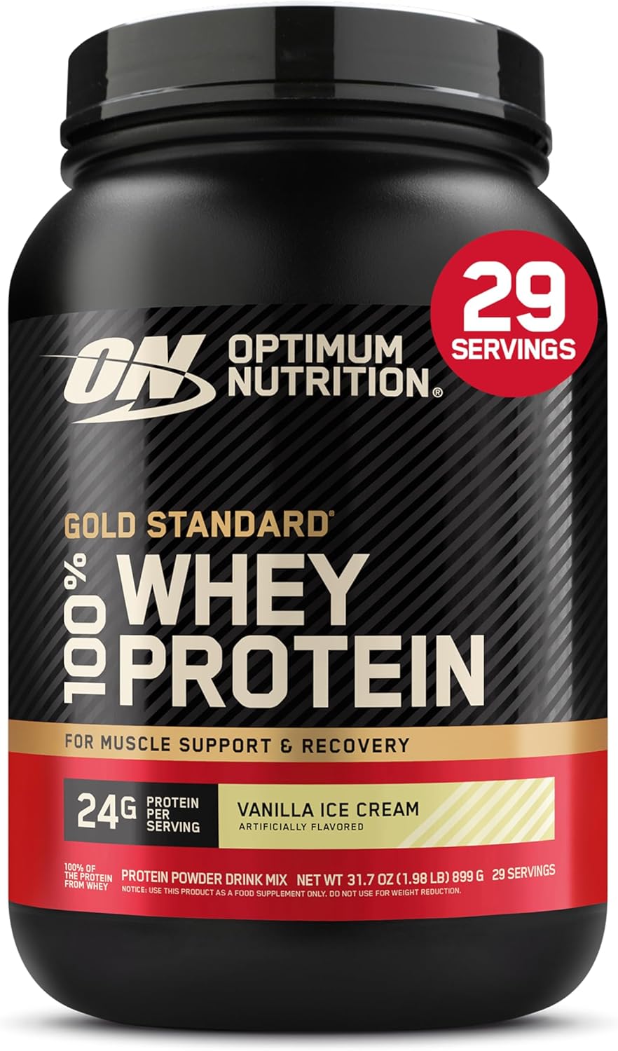 پودر پروتئین وی Optimum Nutrition (ON) Gold Standard 100% Whey، 2 پوند، 29 سروینگ، طعم بستنی وانیلی