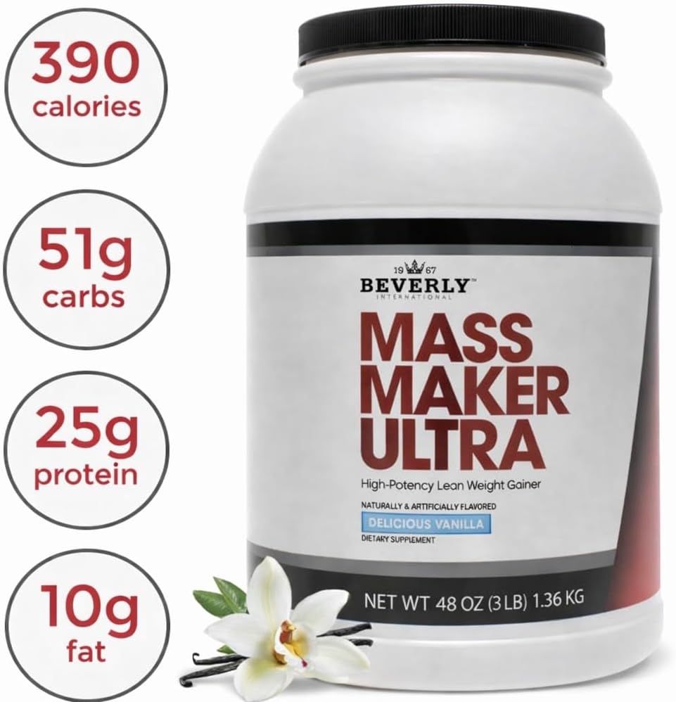 گینر افزایش وزن Beverly International Mass Maker Ultra، 1.36 کیلوگرم، 14 سروینگ، طعم وانیلی