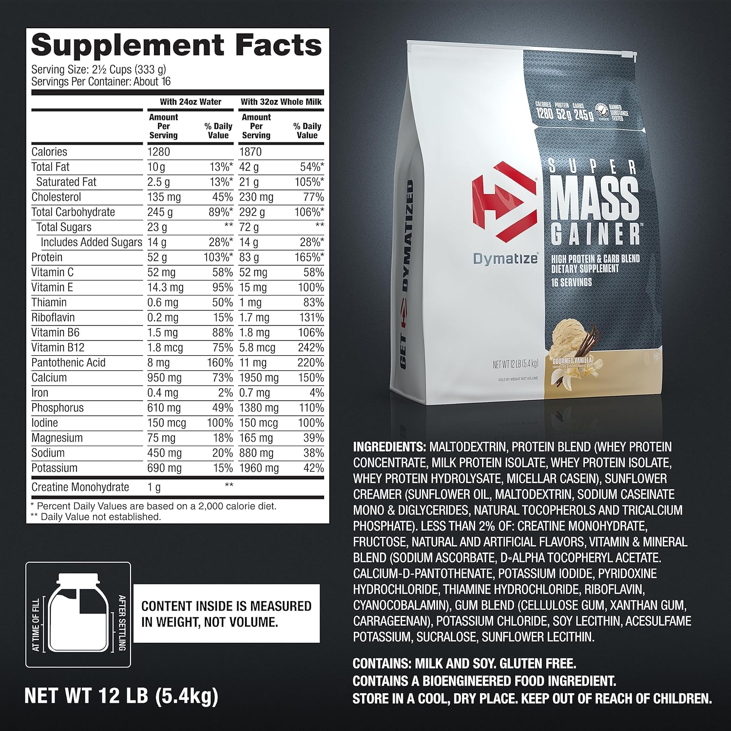 گینر افزایش وزن Dymatize Super Mass Gainer، 12 پوند، طعم وانیلی