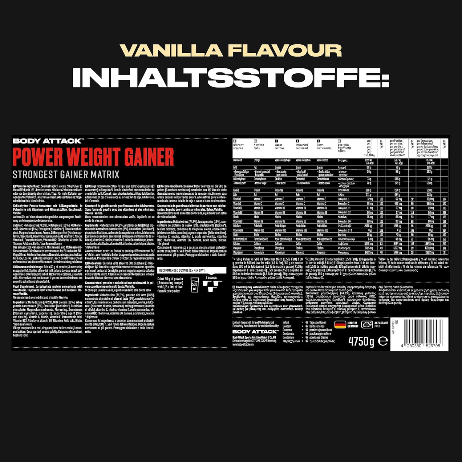گینر افزایش وزن Body Attack Power Weight Gainer، 4.8 کیلوگرم، طعم وانیلی