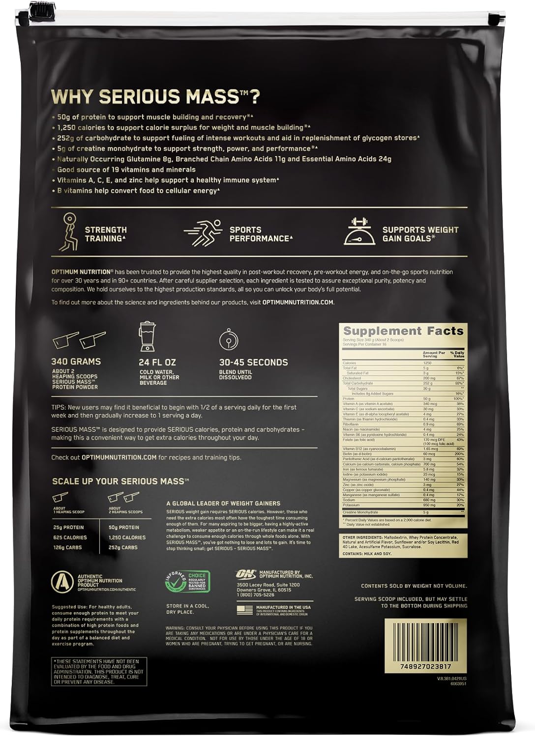 گینر افزایش وزن Optimum Nutrition Serious Mass، 12 پوند، طعم توت‌فرنگی