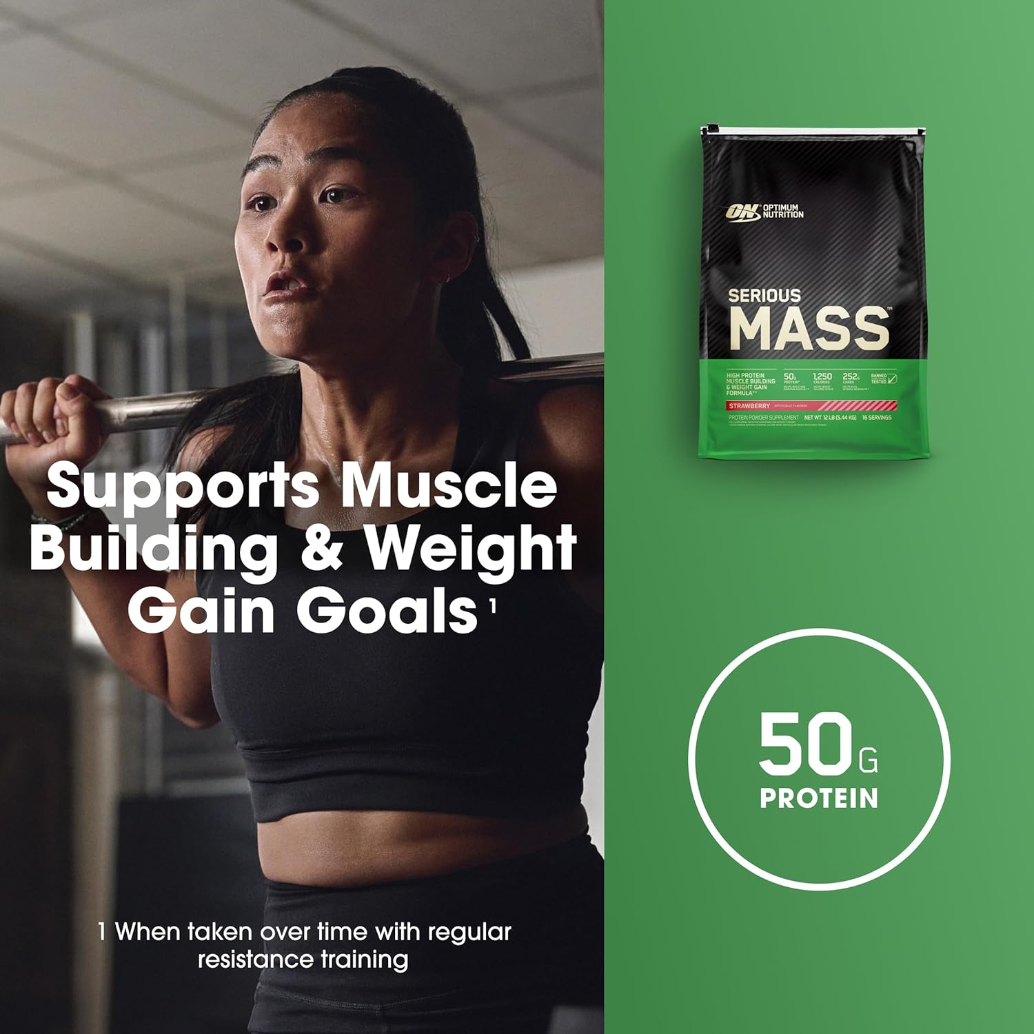 گینر افزایش وزن Optimum Nutrition Serious Mass، 12 پوند، طعم توت‌فرنگی