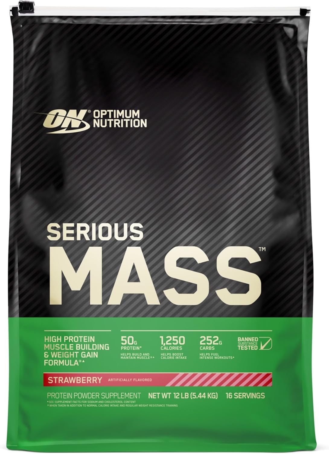 گینر افزایش وزن Optimum Nutrition Serious Mass، 12 پوند، طعم توت‌فرنگی