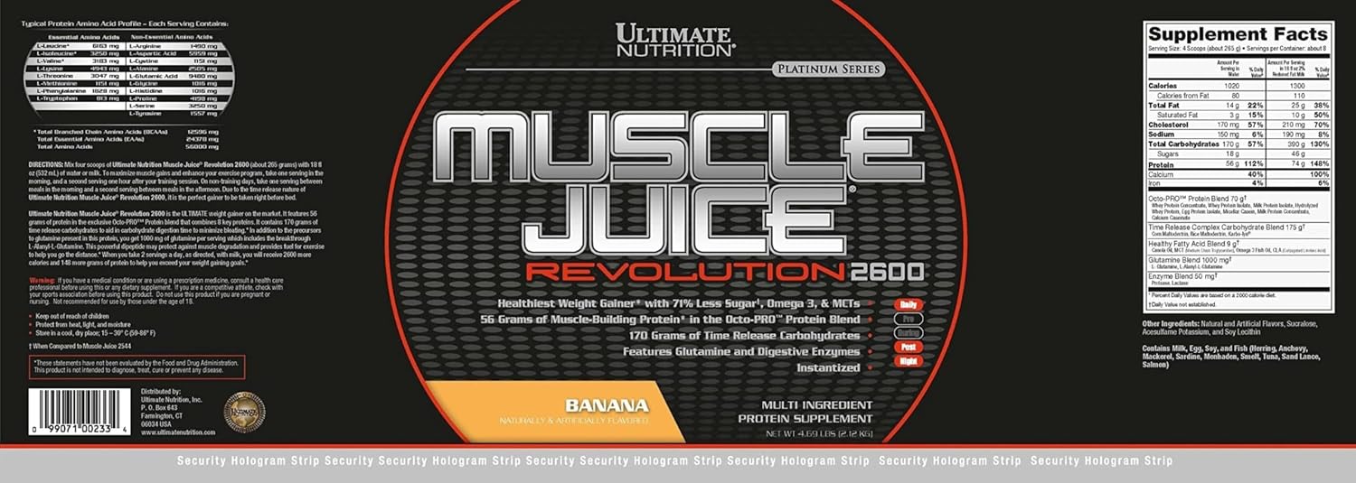 گینر افزایش وزن Ultimate Nutrition Muscle Juice Revolution 2600، 4.69 پوند، طعم موز