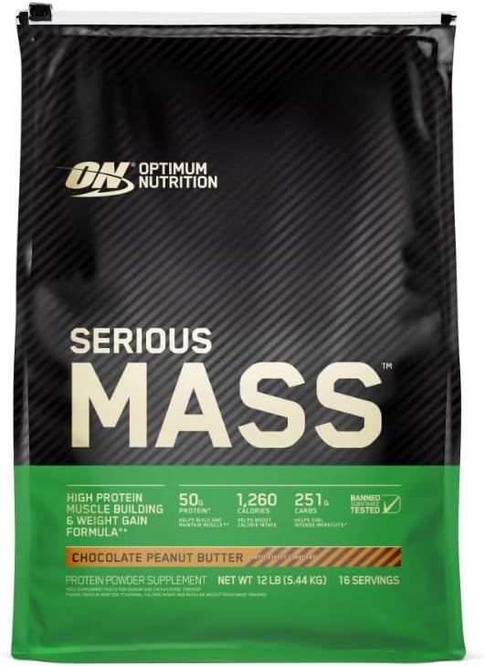 گینر افزایش وزن Optimum Nutrition Serious Mass، 12 پوند، طعم شکلات و کره بادام‌زمینی