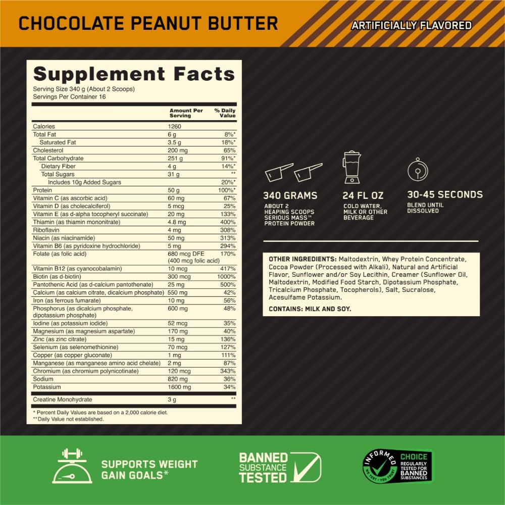 گینر افزایش وزن Optimum Nutrition Serious Mass، 12 پوند، طعم شکلات و کره بادام‌زمینی