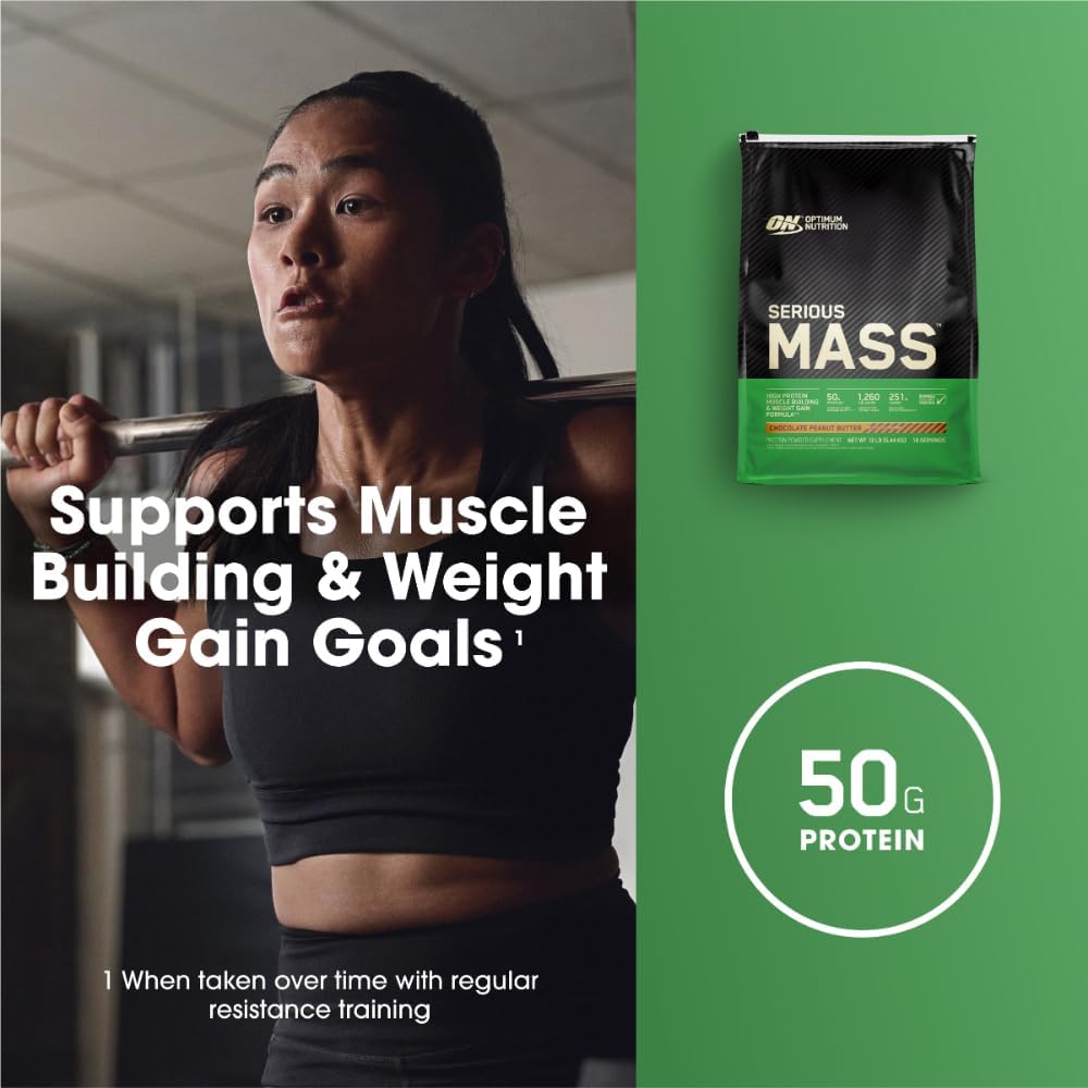 گینر افزایش وزن Optimum Nutrition Serious Mass، 12 پوند، طعم شکلات و کره بادام‌زمینی