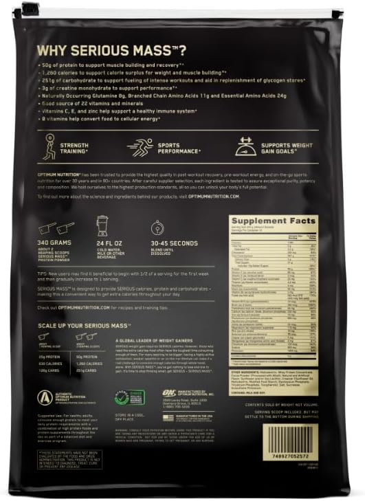 گینر افزایش وزن Optimum Nutrition Serious Mass، 12 پوند، طعم شکلات و کره بادام‌زمینی