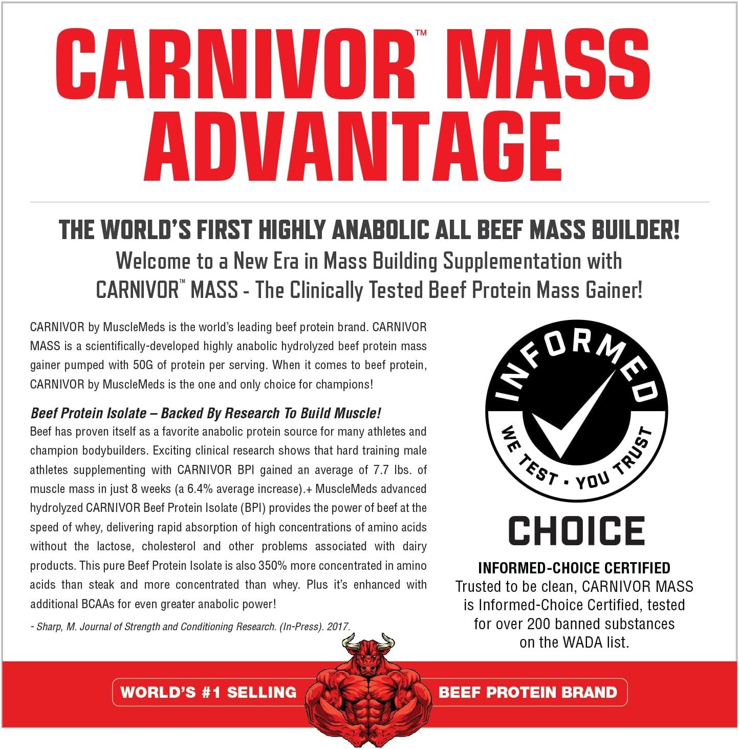 گینر افزایش وزن MuscleMeds Carnivor Mass، 6 پوند، طعم توت‌فرنگی