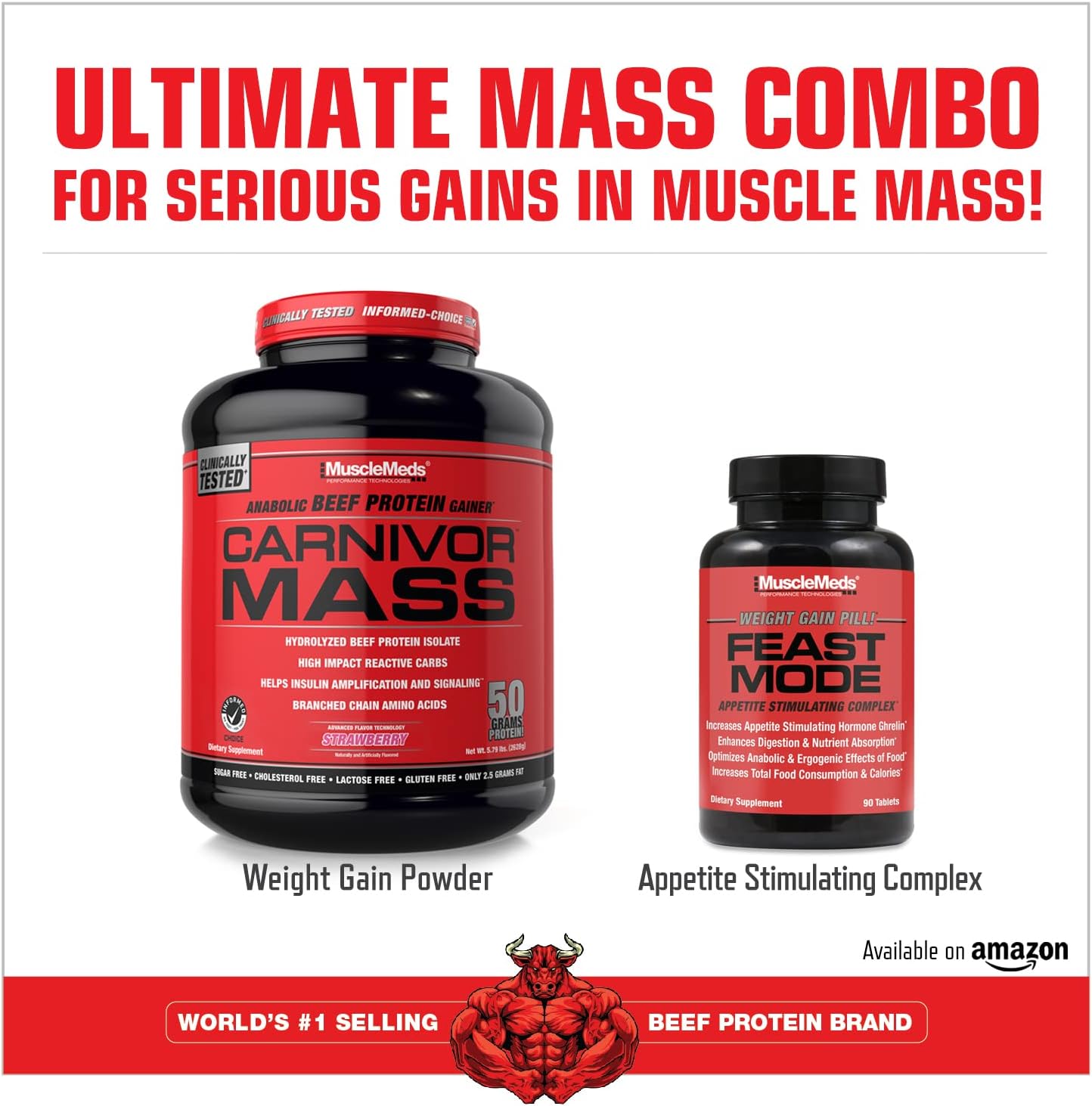 گینر افزایش وزن MuscleMeds Carnivor Mass، 6 پوند، طعم توت‌فرنگی