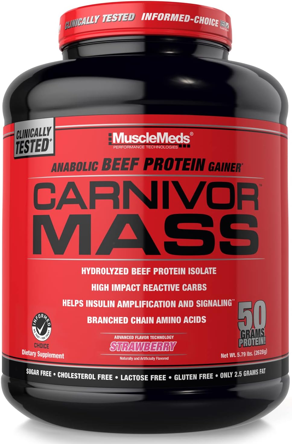 گینر افزایش وزن MuscleMeds Carnivor Mass، 6 پوند، طعم توت‌فرنگی